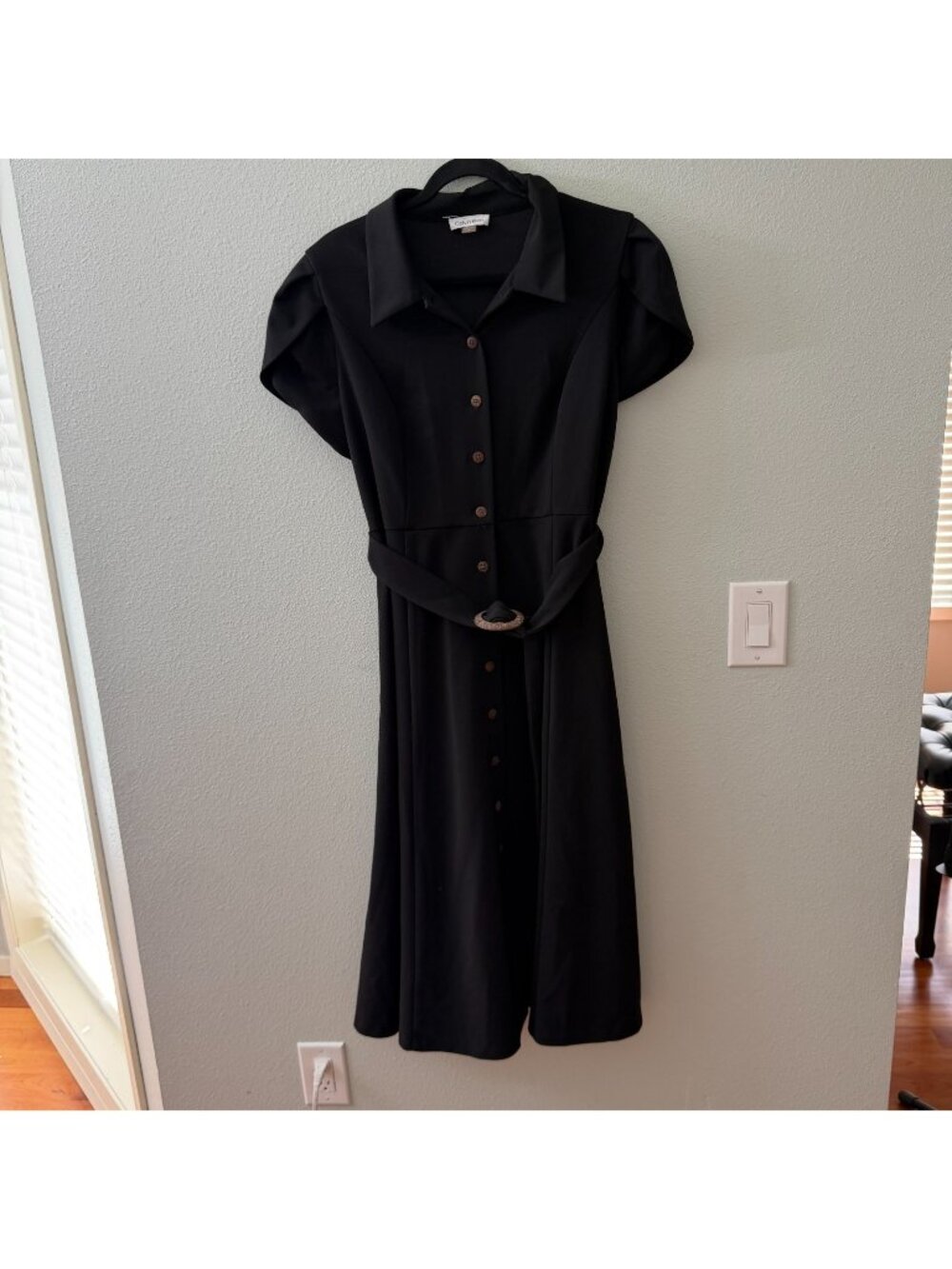 Calvin Klein Black Belted Short Sleeve Midi Dress Womens 14 Career Button Front
